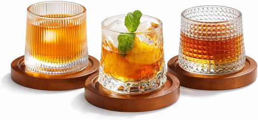 SKY-TOUCH 3 PCS Spinning Glass Tumblers With Base, Bar Glass, Old Fashioned Glasses Clear Cups Glass Water Cups Glass Set, 200 ML