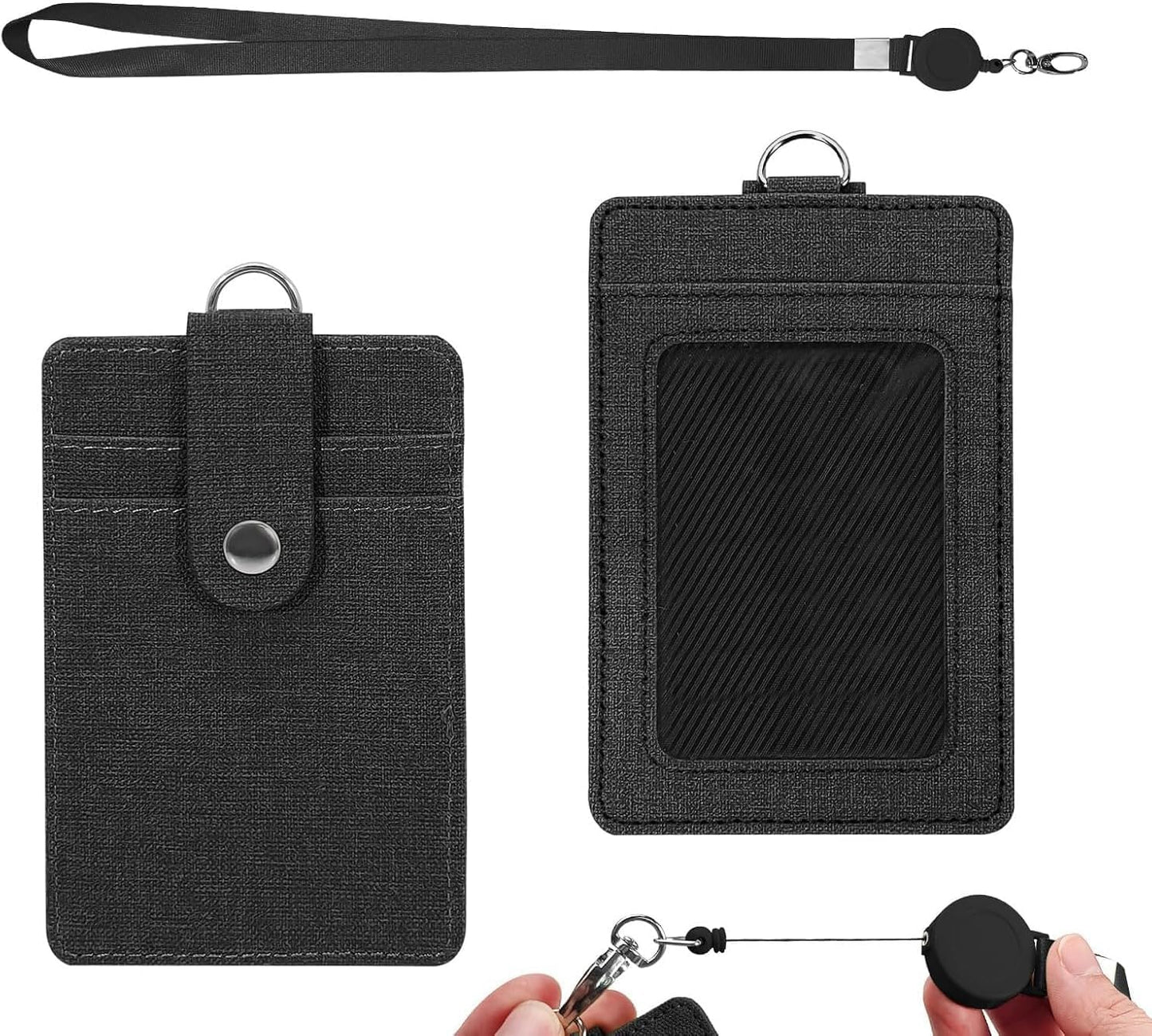 SKY-TOUCH Badge Holder, PU Leather Card Wallet with Retractable Clip, Featuring 3 Card Slots And a Neck Lanyard/Shoulder Strap Suitable for Office IDs, Student IDs, And Driver's Licenses Black