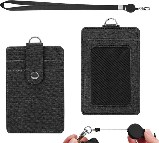 SKY-TOUCH Badge Holder, PU Leather Card Wallet with Retractable Clip, Featuring 3 Card Slots And a Neck Lanyard/Shoulder Strap Suitable for Office IDs, Student IDs, And Driver's Licenses Black