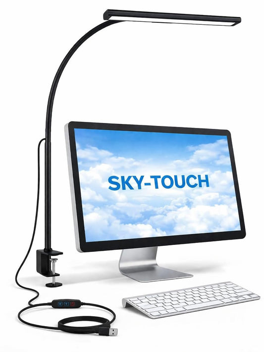 SKY-TOUCH LED Desk Lamp with Clamp, Clip on Light for Office Desk, Eye-Caring Task Lamp with 5 Colour Temperatures and 5 Brightness Levels, for Study, Craft, Bedside, Black - USB Connector