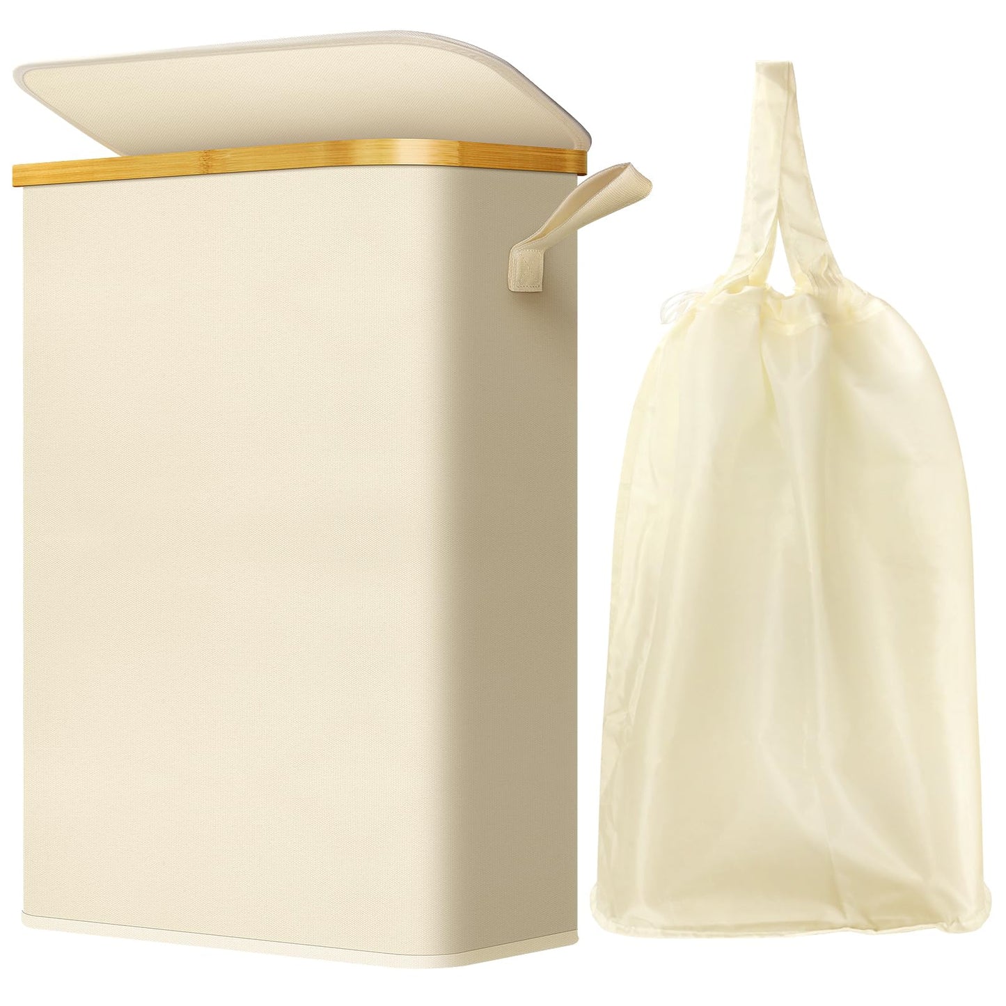 SKY-TOUCH 65L Slim Laundry Basket with Lid, Beige Foldable Laundry Hamper with Removable Inner Bag, Narrow Clothes Basket for Bedroom, Bathroom, Laundry Room & Dorm, 41x22x72cm, Beige