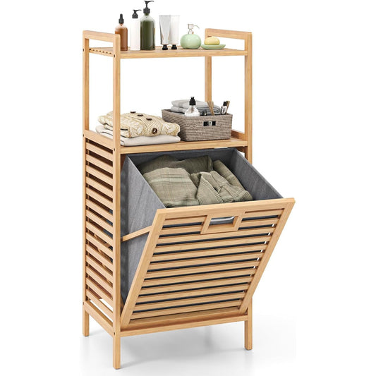 SKY-TOUCH Bamboo Laundry Hamper, Three-tier Open Shelving, Tiltable Design, with Removable Inner Bag, Independent Storage Rack, Suitable for Bathroom, Living Room, and Bedroom