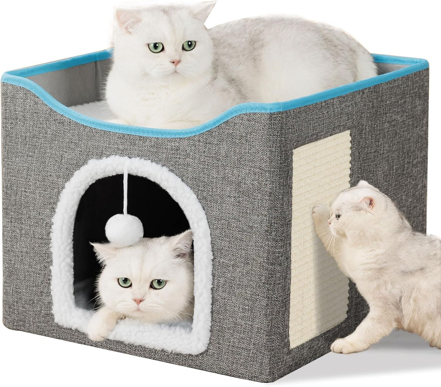 SKY-TOUCH Foldable Cat House Cave Bed with Scratching Board & Fluffy Ball, Indoor Cat Igloo Bed for Multi Small Pets, Grey – Pet Safe Durable, 41x41x35cm