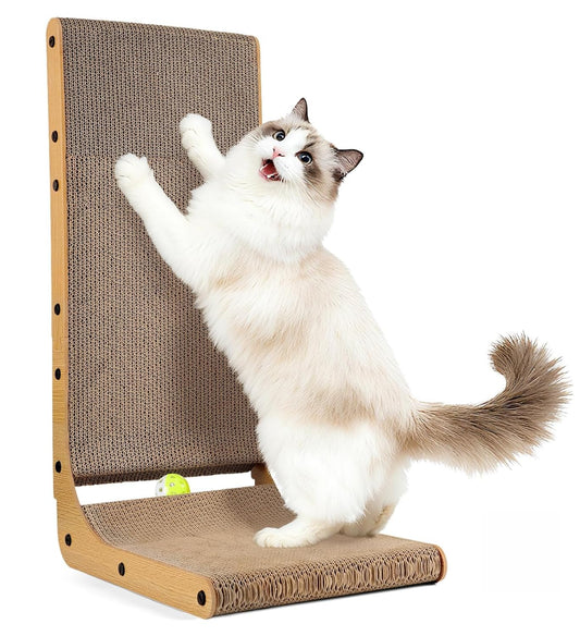SKY-TOUCH L Shape Cat Scratcher, Large 26.8'' Vertical Cat Scratchers with Ball Toy, Cardboard Scratch Pad for Indoor Cats, Wall and Couch
