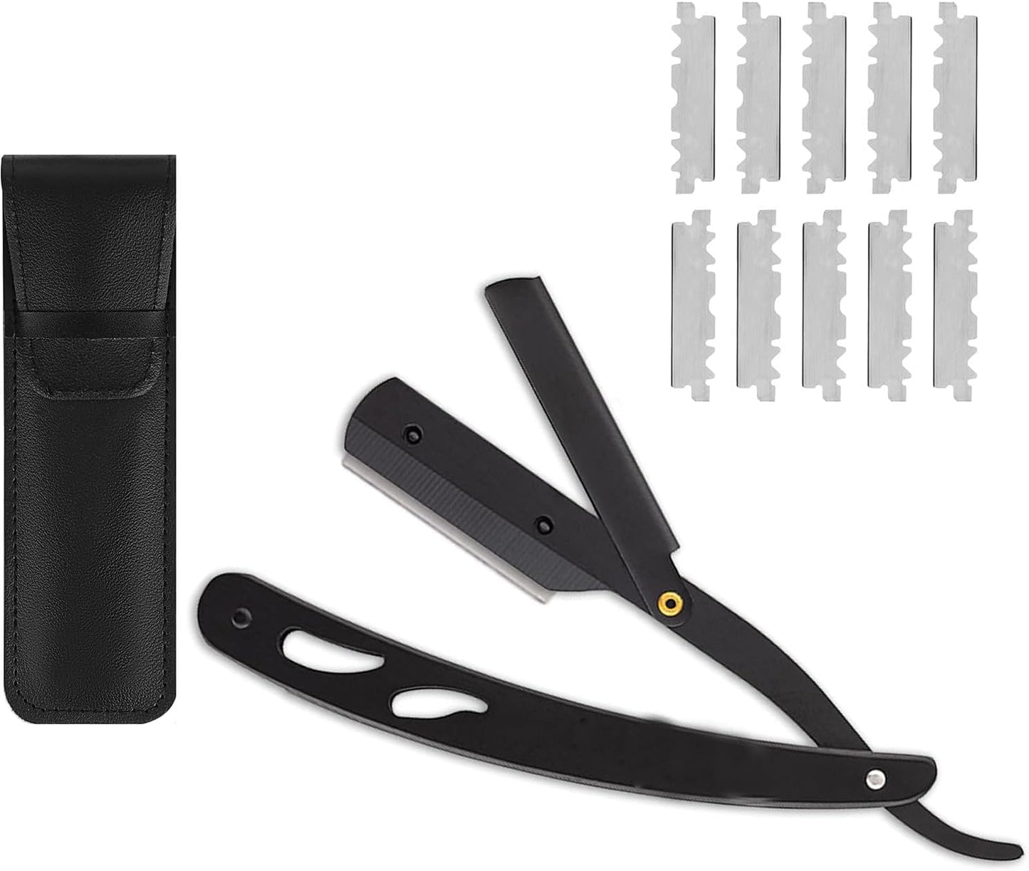 SKY-TOUCH Men's Straight Razor Set, Professional Straight Razor, 10 Replaceable Stainless Steel Blades, Includes Leather Case, Professional Barber Razor, Close Shave, 100% Stainless Steel, Black