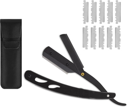 SKY-TOUCH Men's Straight Razor Set, Professional Straight Razor, 10 Replaceable Stainless Steel Blades, Includes Leather Case, Professional Barber Razor, Close Shave, 100% Stainless Steel, Black