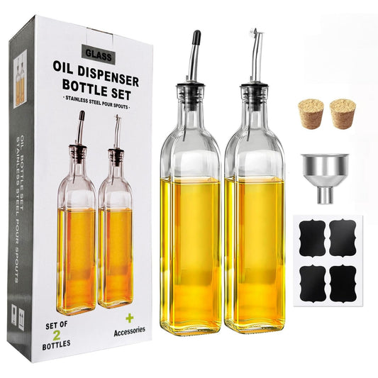 SKY-TOUCH 2 Pcs Oil Dispenser Bottles, 500ml Glass Olive Oil Dispenser Bottle and Vinegar Dispenser Set with Pourers, Funnel and Labels