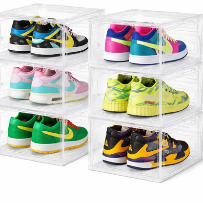 SKY-TOUCH Shoe Storage Box, 6 Pcs Shoe Box Clear Plastic Stackable, Sturdy Foldable Shoe Organizer Containers with Magnetic Door for Women/Men, White, 33.5x25x18cm