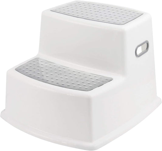 SKY-TOUCH Toddler Step Stool for Bathroom Sink and Toilet Potty Training, Non-Slip Plastic Double up Stepping for Baby Kids, Grey White 30.9x33.5x22.9cm
