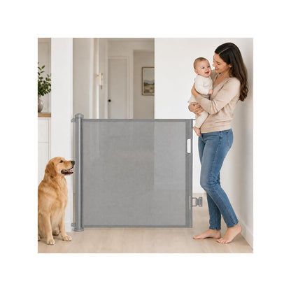 SKY-TOUCH Retractable Baby Safety Gate (150 x 86 cm Mesh Pet Gate) – Drill-Mount Installation, Adjustable Width Suitable for Stairs, Doorways, and Hallways, Grey