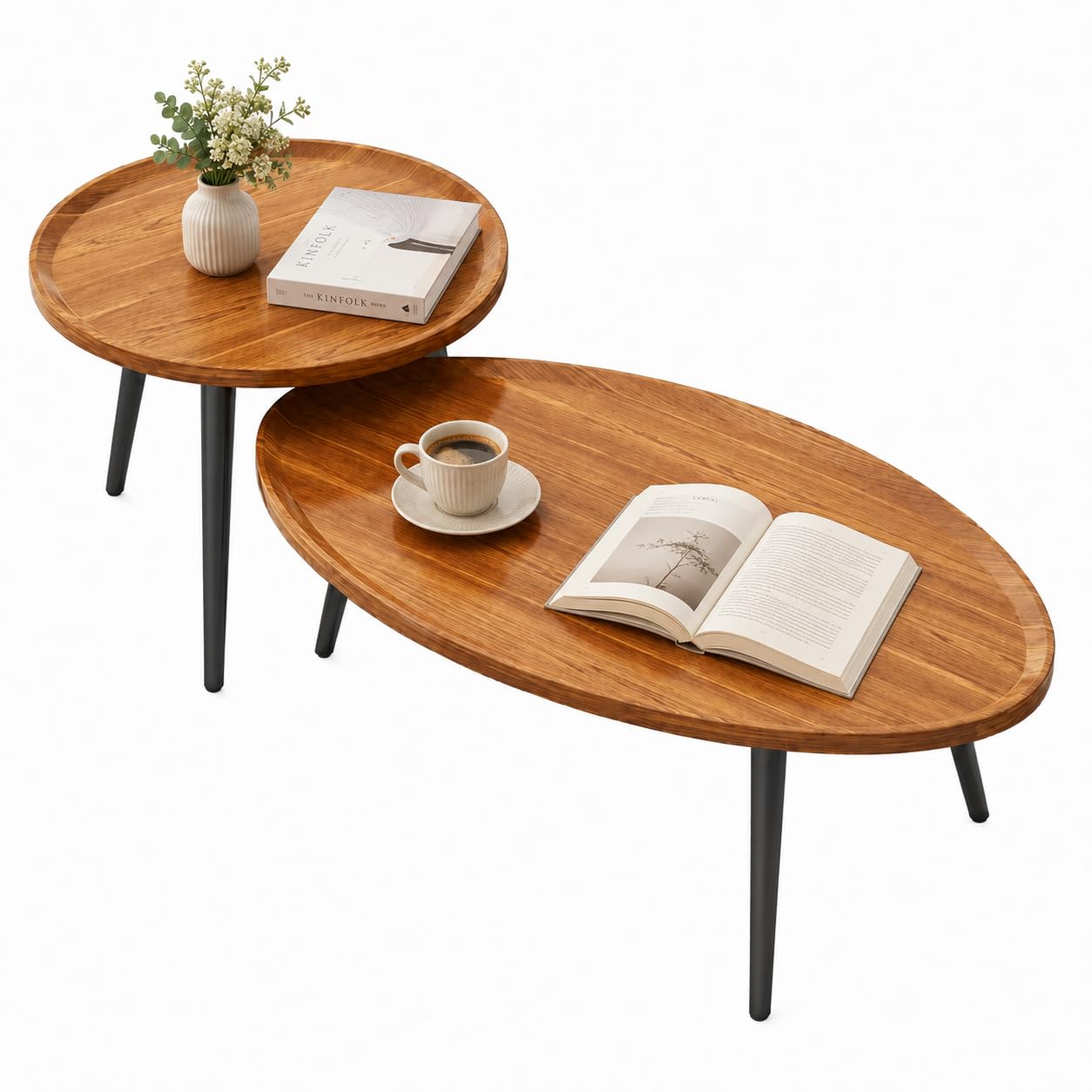 SKY-TOUCH Wooden Coffee Table Set – Modern Style Side Tables; Features Spacious Tabletops And Non-slip Tray Designs, With Steel Frames And Wooden Structures 50 x 50 x 47.5 cm & 80 x 55 x 38 cm