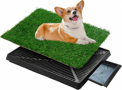 SKY-TOUCH Dog Potty Tray with Artificial Grass Pad, 3-Layer Washable Puppy Pee Training Toilet with Drawer, Indoor Pet Urine Mat for Small Medium Dogs, 51 x 64 x 6 cm