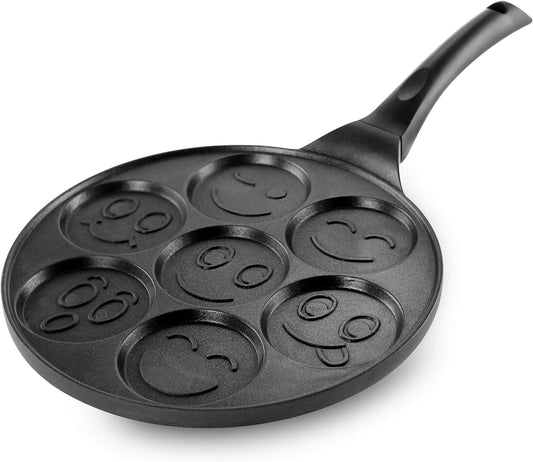SKY-TOUCH Seven Hole Smiley Faces Pancake Pan, Non Stick Pan Muffin Flat Pot Egg Dumpling Fried Egg Mold Breakfast Pot, 26.5x26.5cm - with Cool Touch Handle