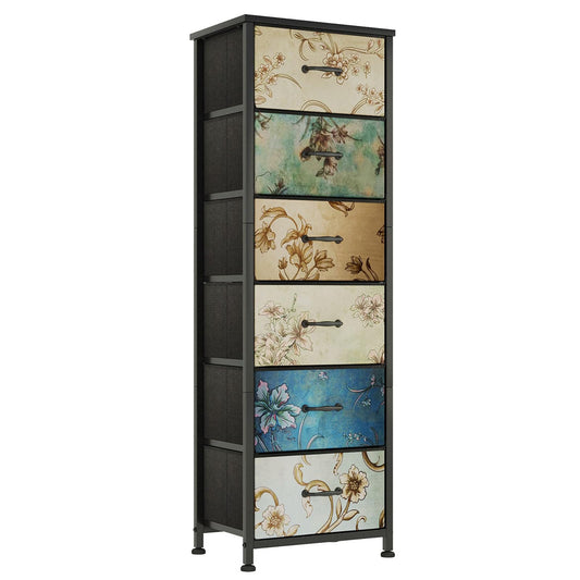 SKY-TOUCH 6 Layer Storage Tower with 6 Fabric Chest Dresser,Tall Dresser & Chests of Drawers and NightStand,for Bedroom,Nursery Living Room Entryway Hallway, Charcoal Black,48.5 * 28.5 * 104cm