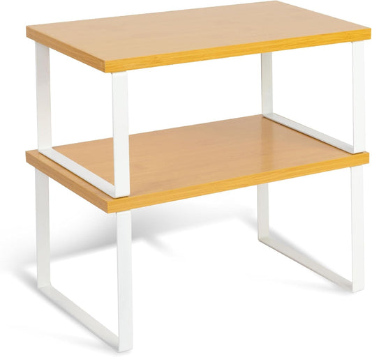 SKY-TOUCH Stackable Kitchen Organizer Shelf, Set of 2 Counter Shelves, Spice Rack, Metal & Engineered Wood, White, Storage Solution for Pantry & Countertop