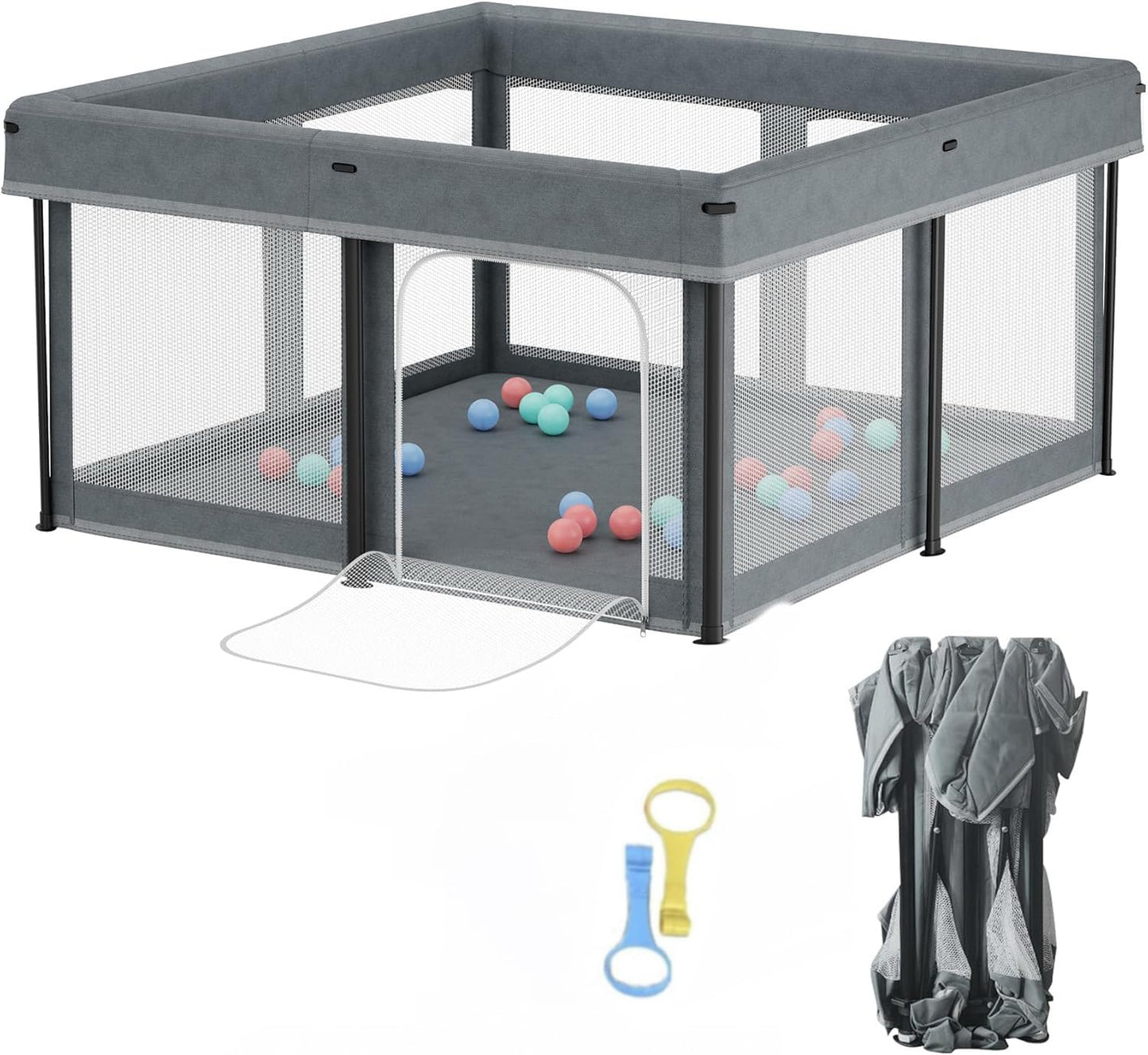 SKY-TOUCH Foldable Baby Playpen 125x125x65cm, Sturdy Anti-Fall Baby Playpen with Breathable Mesh, Portable Play Pen for Babies and Toddlers, Indoor & Outdoor Baby Play Area, Gray - 2 Pull-Up Ring