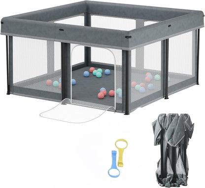 SKY-TOUCH Foldable Baby Playpen 125x125x65cm, Sturdy Anti-Fall Baby Playpen with Breathable Mesh, Portable Play Pen for Babies and Toddlers, Indoor & Outdoor Baby Play Area, Gray - 2 Pull-Up Ring