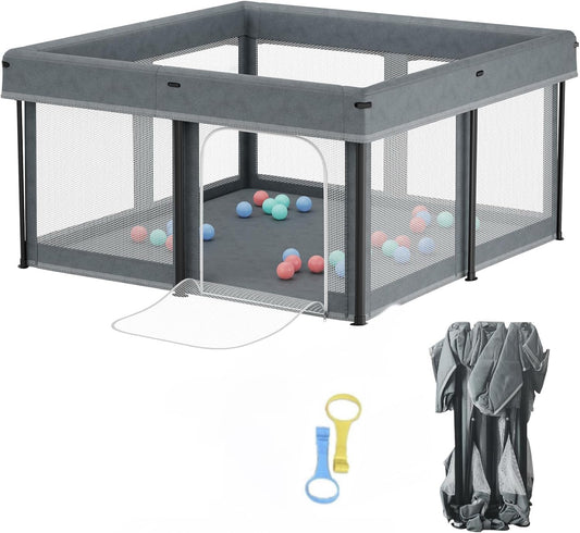 SKY-TOUCH Foldable Baby Playpen 125x125x65cm, Sturdy Anti-Fall Baby Playpen with Breathable Mesh, Portable Play Pen for Babies and Toddlers, Indoor & Outdoor Baby Play Area, Gray - 2 Pull-Up Ring