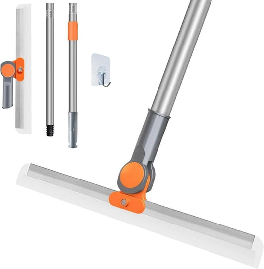 SKY-TOUCH Multi-Purpose Silicone Floor Squeegee，38cm Dual-Head with 110cm Extendable Stainless Steel Handle, Orange, for Bathroom, Kitchen, Windows, and Smooth Floors Include 1 Wall Hook
