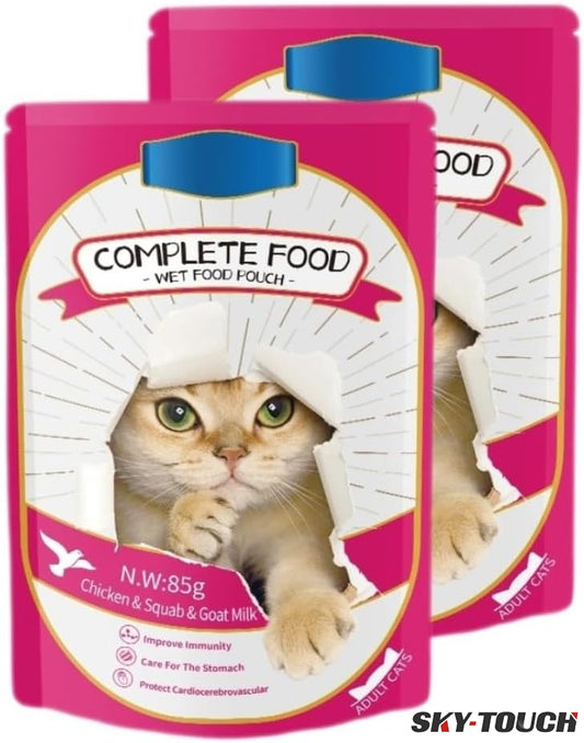 SKY-TOUCH Cat Wet Food 2x85g, Complete Nutrition for Balanced Diet, Grain & Potato Free Formula, Cat Velvet Mousse For All Life Stages, 85g Pouch (2 Pouch Chicken)