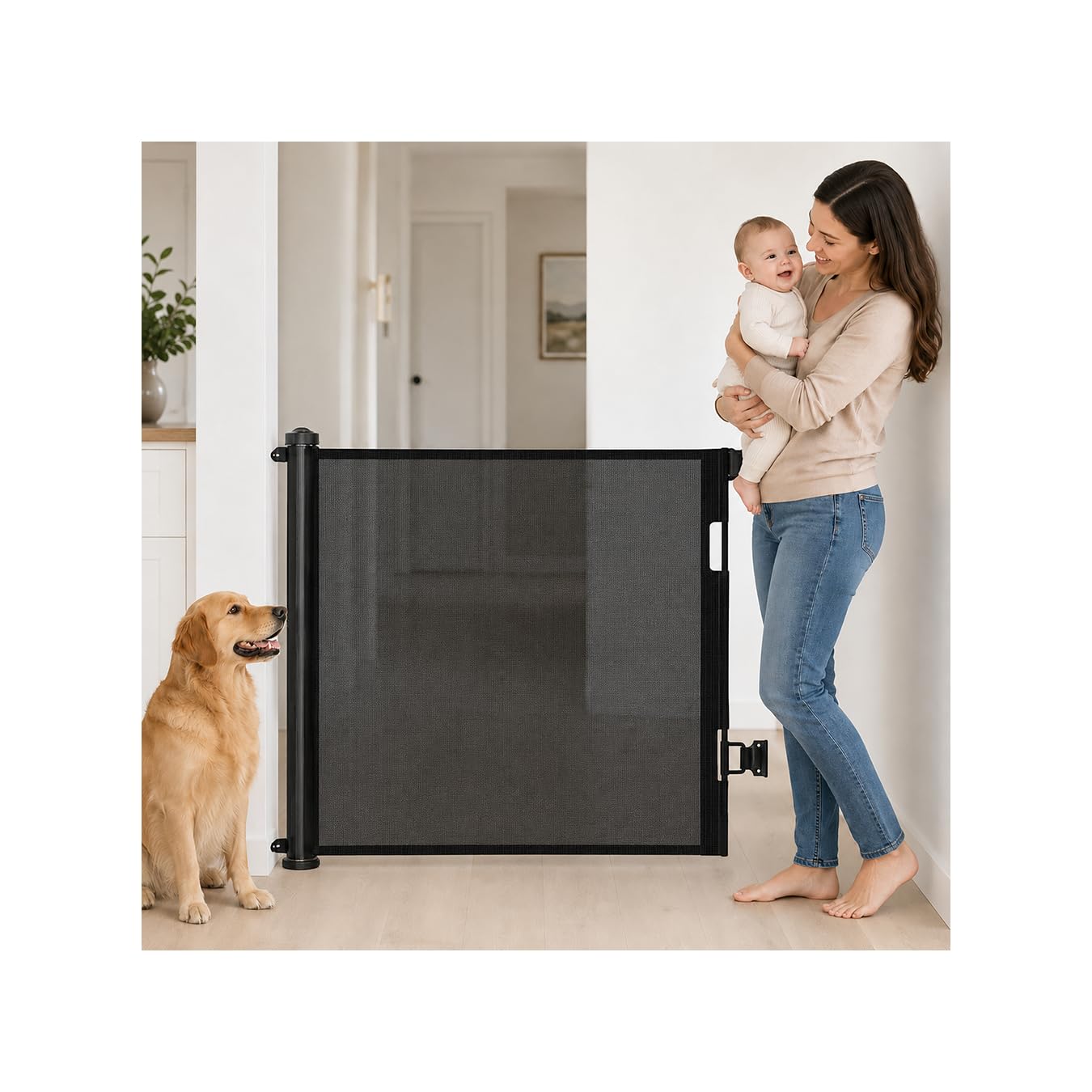 SKY-TOUCH Retractable Baby Safety Gate (180 x 86 cm Mesh Pet Gate) – Drill-Mount Installation, Adjustable Width Suitable for Stairs, Doorways, and Hallways, Black