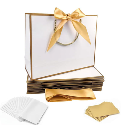 SKY-TOUCH 6-Piece White Gift Bag Set with Gold Trim – Includes 6 Gold Ribbons, 6 Greeting Cards, and 12 Matching White Tissue Sheets (28 × 10 × 20 cm)