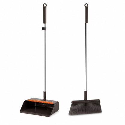 SKY-TOUCH Coffee Brown Broom and Dustpan Set with Long Handle, Upright Standing Dustpan with Built-in Comb Teeth, Indoor Sweeping Cleaning Set for Kitchen, Home, Office and Pet Hair