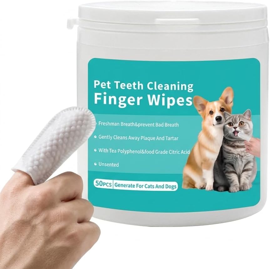 SKY-TOUCH Pet Teeth Cleaning Finger Wipes for Dogs & Cats, Gentle Daily Oral Care Dental Wipes Helps Reduce Plaque Tartar & Freshens Breath, Dog Toothbrush Alternative for Puppies, 50 Count