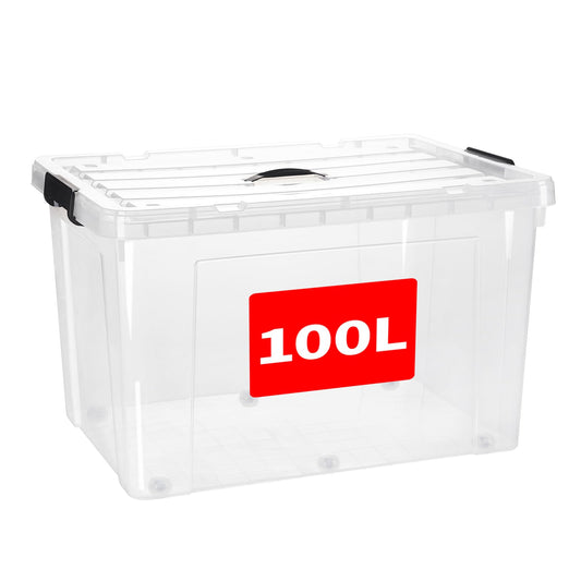 SKY-TOUCH 1 PCS Clear Plastic Storage Box with Lockable Lid & Wheels,Plastic Organizer Bin with Handles,for Storing Clothes, Toys, Tools