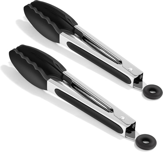 SKY-TOUCH 2 Pack Kitchen Food Tongs for Cooking, 9 Inch Non-Stick Silicone and Metal Tongs Easy Grip Locking Salad Tong Heat Resistant for BBQ Cooking Barbecue Steak and Serving Food Non Stick