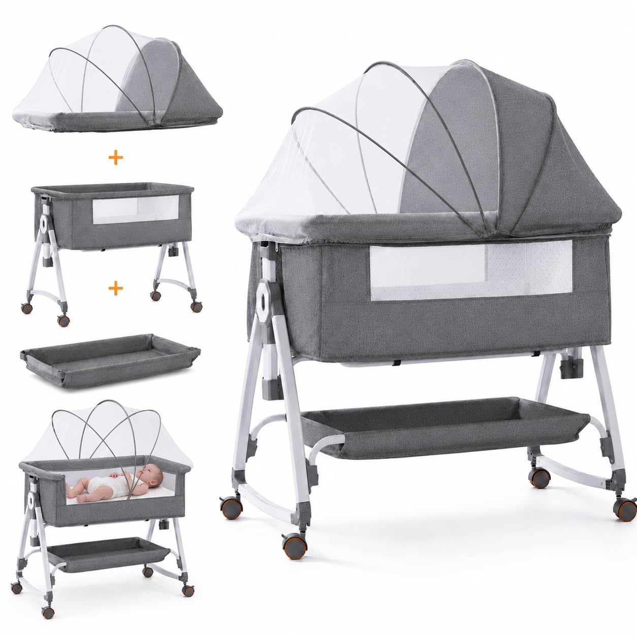 SKY-TOUCH Baby Bedside Crib Adjustable, Baby Cradle With Large Storage Basket, Travel Crib with Mattress Breathable Net,Mosquito Net Detachable, Soft Mattress 360°Swivel Wheels, for Infants Newborn