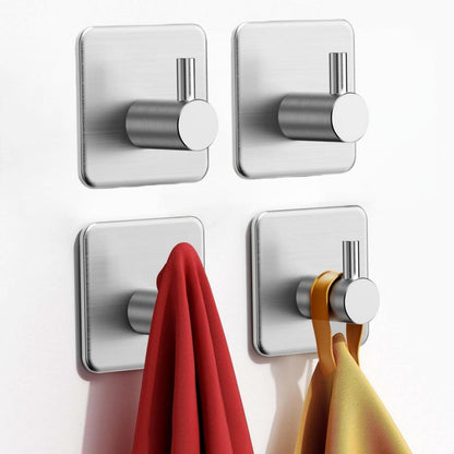 SKY-TOUCH Adhesive Towel Hooks 4pcs, Heavy Duty Wall Stainless Steel Hooks for Hanging Coat Clothes Towels Hat Bags for Home Entryway Bathroom Kitchen