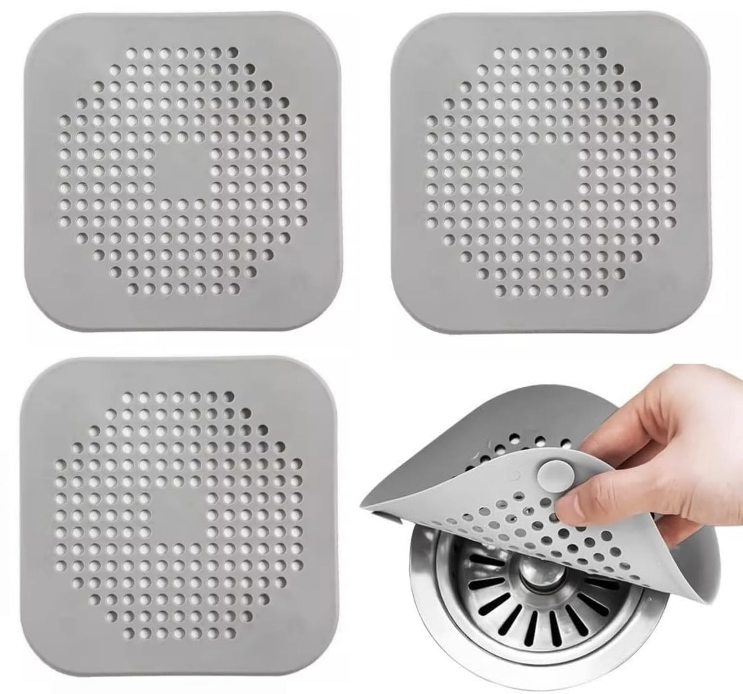 SKY-TOUCH Drain Hair Catcher 3pcs, Silicone Bathroom Accessories Shower Drain Protector Sink Drain Strainer Hair Stopper for Shower Kitchen Bathroom Tub Grey