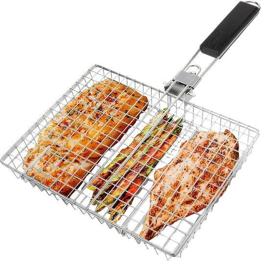 SKY-TOUCH Outdoor Barbecue Basket, Multi-Functional BBQ Grill, With Detachable Portable Handle, Suitable for Grilling Vegetables, Shrimp, Fish, And Steak 46.5cm * 32cm * 4cm