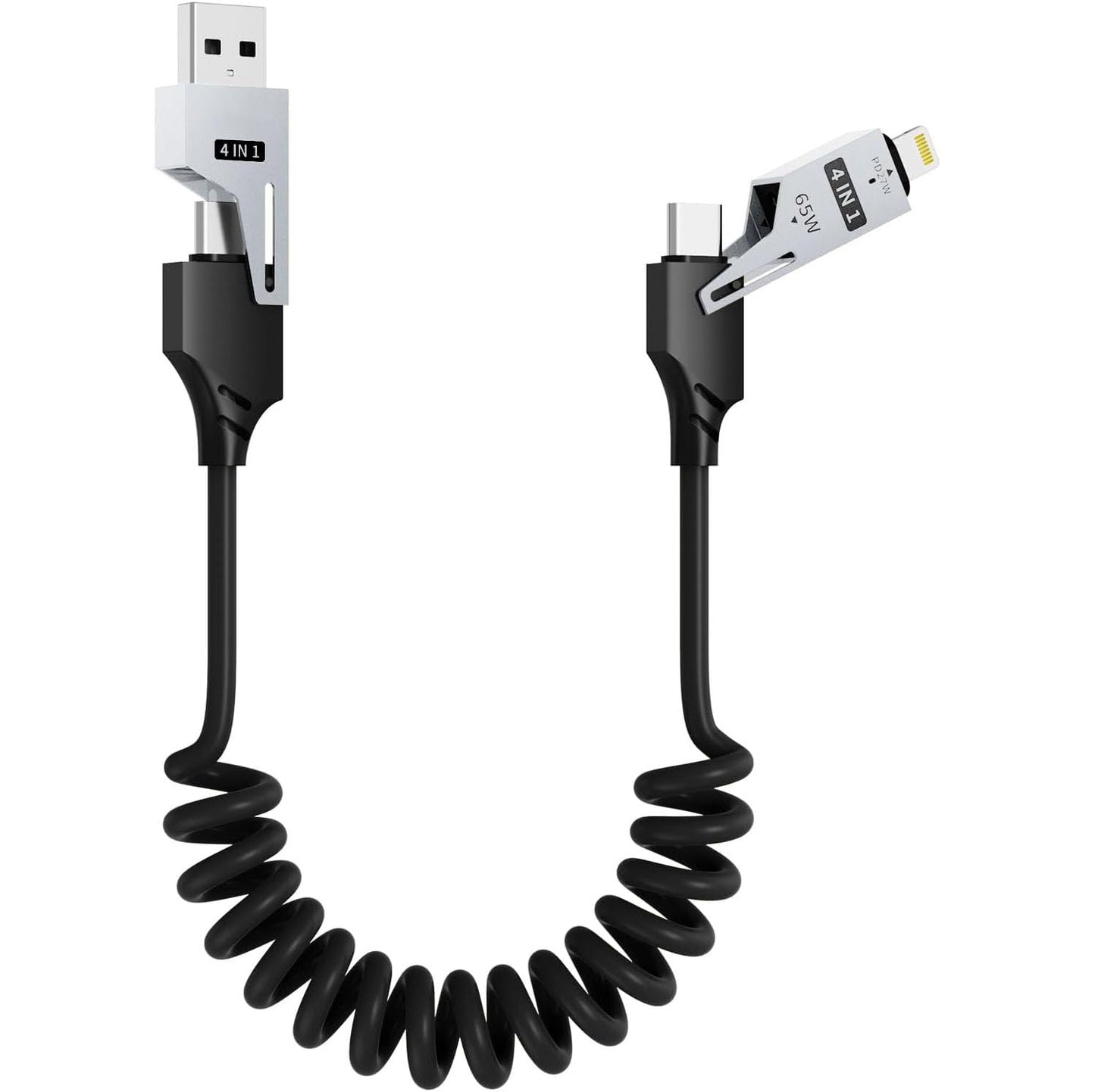 SKY-TOUCH 4-in-1 Spring-loaded Data Cable 1.5m Type-C 65W Super Fast Charging Cable Spring-loaded Multi-functional USB-C Cable Compatible with iPhone MacBook Laptops Tablets and Car Chargers black