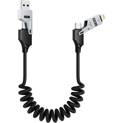 SKY-TOUCH 4-in-1 Spring-loaded Data Cable 1.5m Type-C 65W Super Fast Charging Cable Spring-loaded Multi-functional USB-C Cable Compatible with iPhone MacBook Laptops Tablets and Car Chargers black