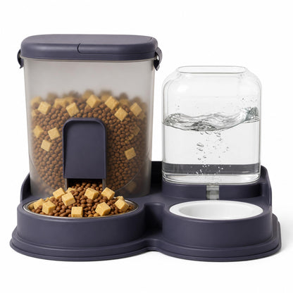 SKY-TOUCH Automatic Cat Food and Water Dispenser, 2L Pet Feeder with 1.2L Water Tank, Anti-Tip Gravity Feeding Station with Stainless Steel Bowl for Cats and Small Dogs, Ivory White