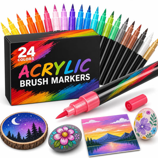 SKY-TOUCH Acrylic Paint Pens, 24 Colors Brush Tip Paint Markers, Water-Based Quick Dry Art Markers for Rock Painting, Wood, Glass, Canvas, Stone, Ceramic, Paper, DIY Crafts for Kids & Adults