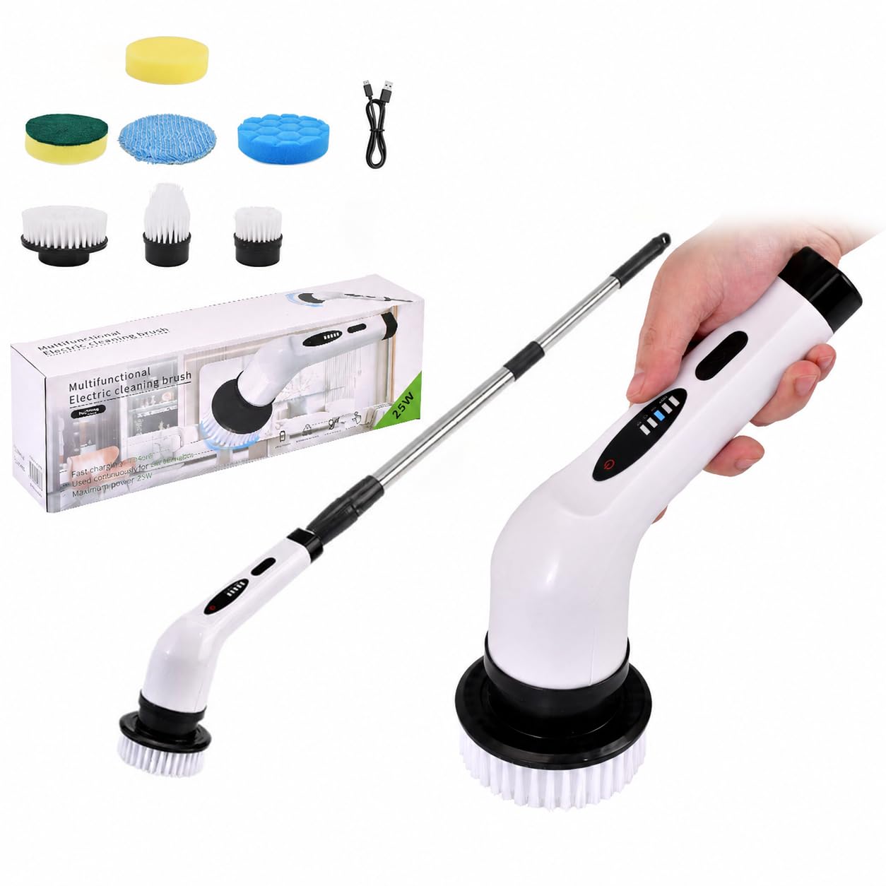 SKY-TOUCH Electric Rotating Cleaning Brush, Cordless Multi-Functional Cleaning Brush, Equipped With 7 Replaceable Brush Heads, 2 Adjustable Speeds, Suitable for Bathrooms, Kitchens, Bathtubs, Glass