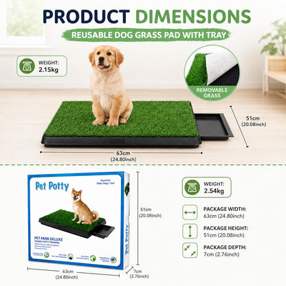 SKY-TOUCH Dog Potty Tray with Artificial Grass Pad, 3-Layer Washable Puppy Pee Training Toilet with Drawer, Indoor Pet Urine Mat for Small Medium Dogs, 51 x 64 x 6 cm