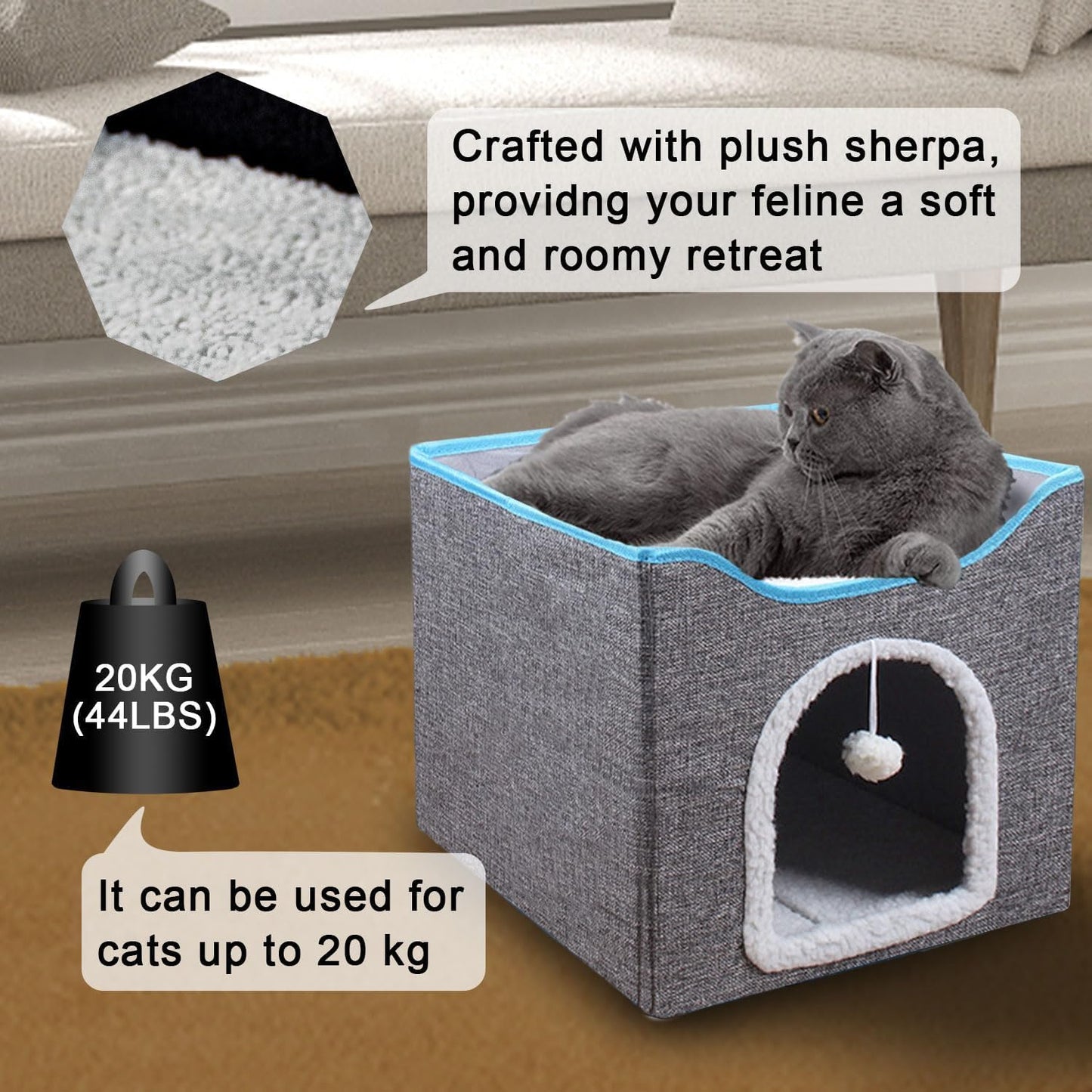 SKY-TOUCH Foldable Cat House Cave Bed with Scratching Board & Fluffy Ball, Indoor Cat Igloo Bed for Multi Small Pets, Grey – Pet Safe Durable, 41x41x35cm
