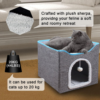 SKY-TOUCH Foldable Cat House Cave Bed with Scratching Board & Fluffy Ball, Indoor Cat Igloo Bed for Multi Small Pets, Grey – Pet Safe Durable, 41x41x35cm