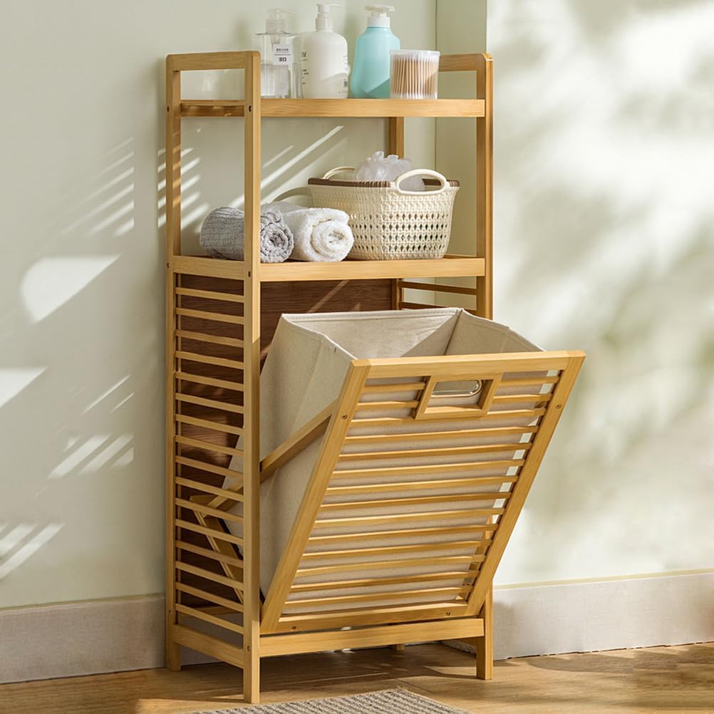 SKY-TOUCH Bamboo Laundry Hamper, Three-tier Open Shelving, Tiltable Design, with Removable Inner Bag, Independent Storage Rack, Suitable for Bathroom, Living Room, and Bedroom