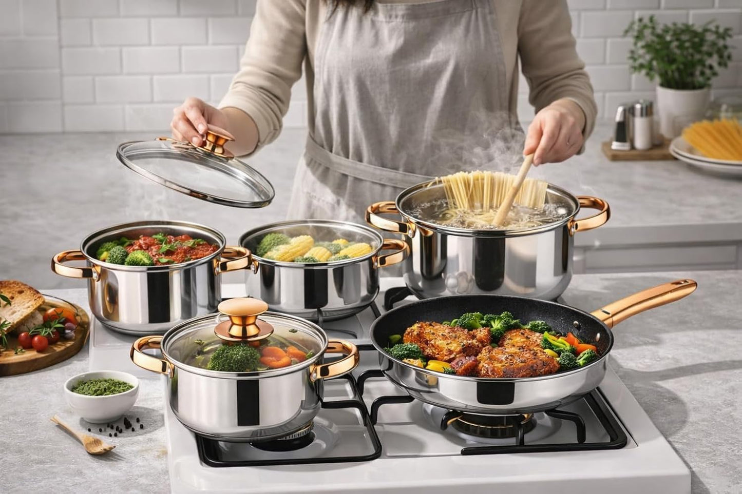 SKY-TOUCH 12PCS Stainless Steel Cookware Set, Multipurpose Pots & Pans Setve with Tempered Glass Lids Fast Heating & Easy to Clean Kitchen Essentials for Cooking (Golden Brown)