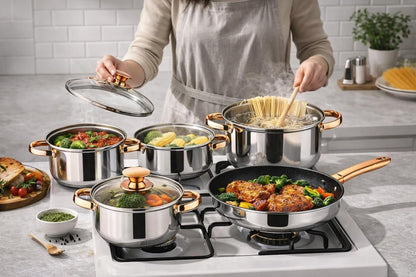 SKY-TOUCH 12PCS Stainless Steel Cookware Set, Multipurpose Pots & Pans Setve with Tempered Glass Lids Fast Heating & Easy to Clean Kitchen Essentials for Cooking (Golden Brown)