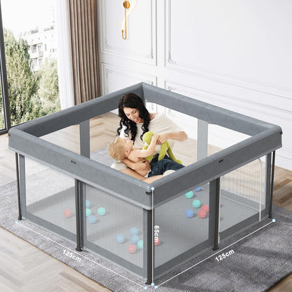 SKY-TOUCH Foldable Baby Playpen 125x125x65cm, Sturdy Anti-Fall Baby Playpen with Breathable Mesh, Portable Play Pen for Babies and Toddlers, Indoor & Outdoor Baby Play Area, Gray - 2 Pull-Up Ring