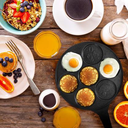 SKY-TOUCH Seven Hole Smiley Faces Pancake Pan, Non Stick Pan Muffin Flat Pot Egg Dumpling Fried Egg Mold Breakfast Pot, 26.5x26.5cm - with Cool Touch Handle