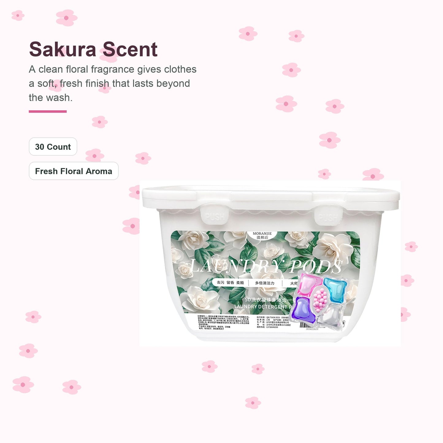 SKY-TOUOCH 5-in-1 Laundry Detergent Pods, 30 Count Sakura Scent Laundry Capsules, Deep Cleaning, Color Care, Softening, Long-Lasting Freshness, Low Foam Easy Rinse, Fast Dissolving