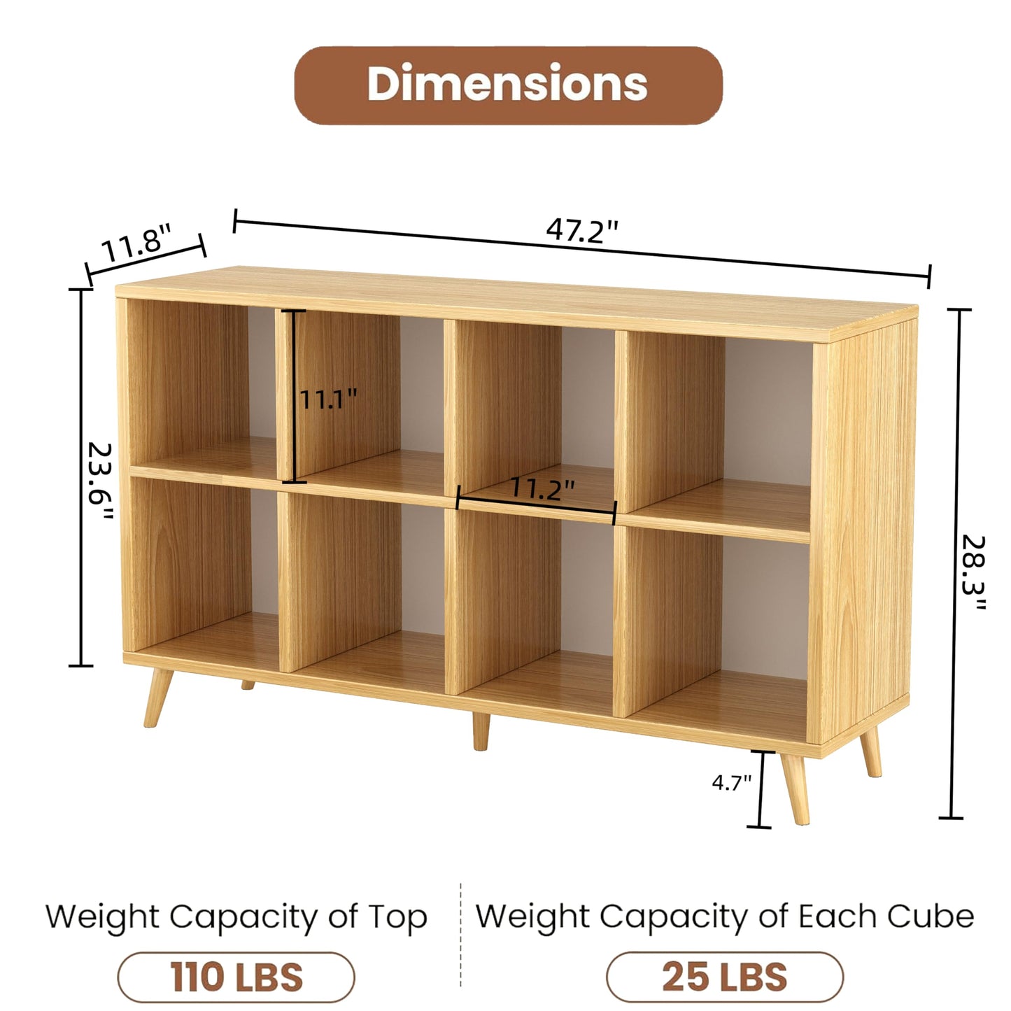 SKY-TOUCH 2-Tier 8-Cube Floor Standing Bookcase Organizer, Wooden Storage Cabinet with Multiple Compartments for Home Office Living Room, 120 x 30 x 72 cm