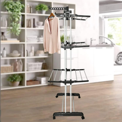 SKY-TOUCH 4 Tier Foldable Clothes Drying Rack, Laundry Drying Rack with Two Side Wings, Movable Drying Rack with 4 castors, 24 Drying Poles & 14 Hooks, Space-Saving, for Bed Linen, Clothing - Grey